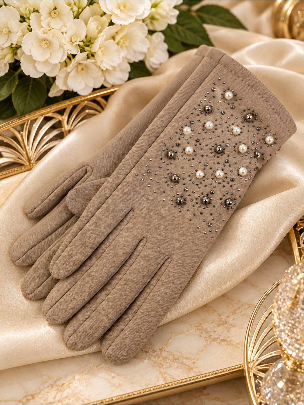 ๐๐ฅEmbellished Taupe Women's One Size Gloves with Pearl & Stud Detail